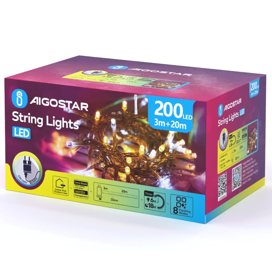 Aigostar - LED-ulkojouluvaloketju 200xLED/8 toimintoa 23m IP44 lämmin valkoinen/kylmä valkoinen