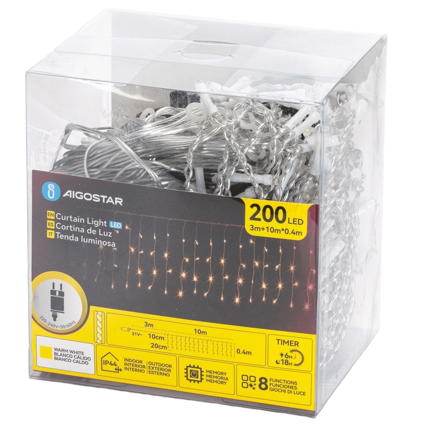 Aigostar - LED-ulkovaloketju 200xLED/8 toimintoa 10x0,4m IP44 lämmin valkoinen