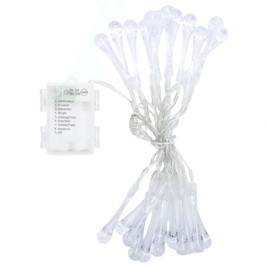 Aigostar - LED-ulkovalosarja 25xLED/8 toimintoa 3xAA 2,5 m IP44 lämmin valkoinen pisarat