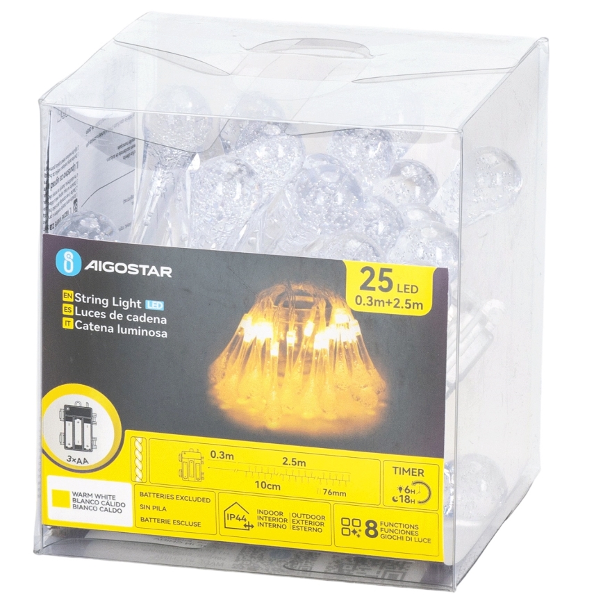 Aigostar - LED-ulkovalosarja 25xLED/8 toimintoa 3xAA 2,5 m IP44 lämmin valkoinen pisarat
