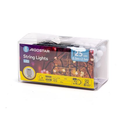 Aigostar - LED-ulkojouluvalosarja 25x LED / 8 toimintoa 3xAA 2,8 m IP44 lämmin valkoinen