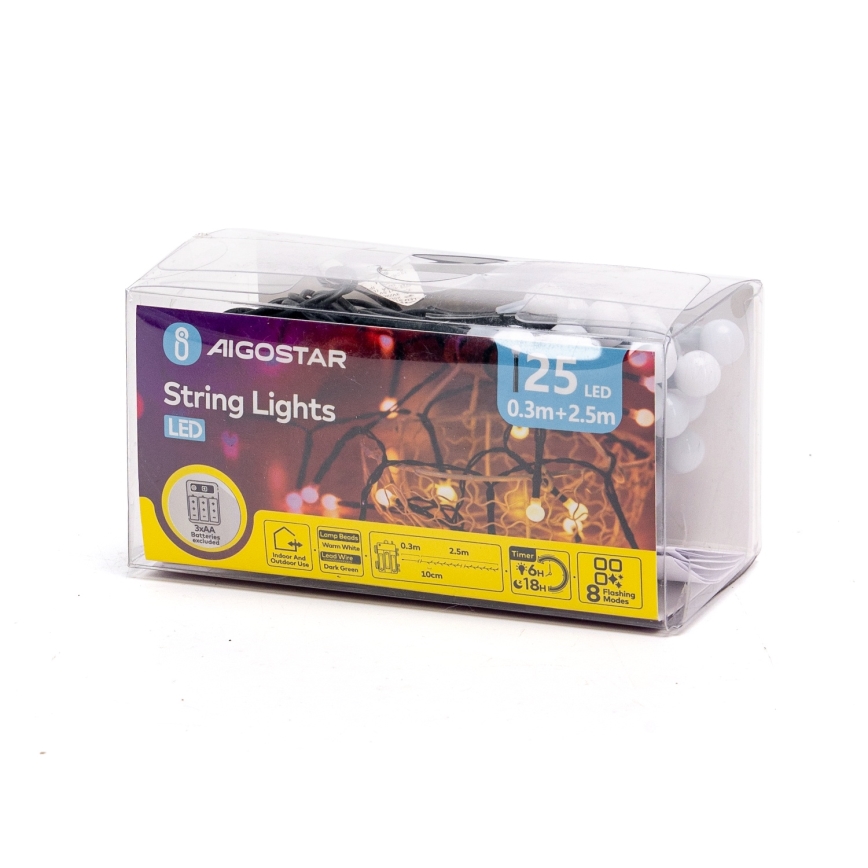 Aigostar - LED-ulkojouluvalosarja 25x LED / 8 toimintoa 3xAA 2,8 m IP44 lämmin valkoinen