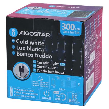 Aigostar - LED-ulkojouluvaloketju 300xLED/8 toimintoa 3x1m IP44 kylmänvalkoinen + kaukosäädin