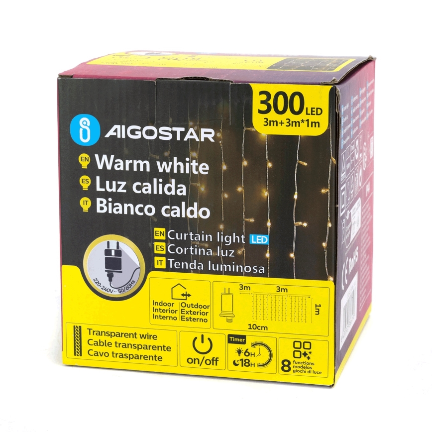 Aigostar - LED-ulkokäyttöinen joulukoristevalosarja 300xLED/8 toimintoa 3x1m IP44 lämmin valkoinen + kaukosäädin