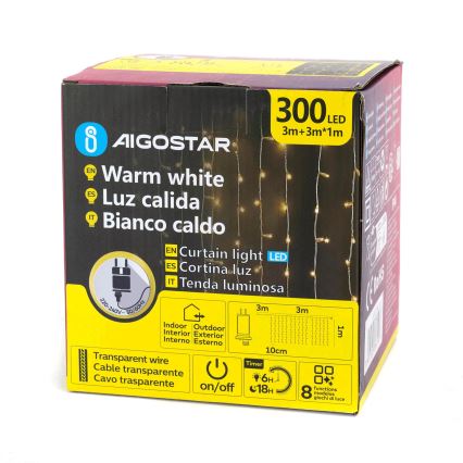 Aigostar - LED-ulkokäyttövalosarja 300xLED/8 toimintoa 3x1m IP44 lämmin valkoinen + kaukosäädin