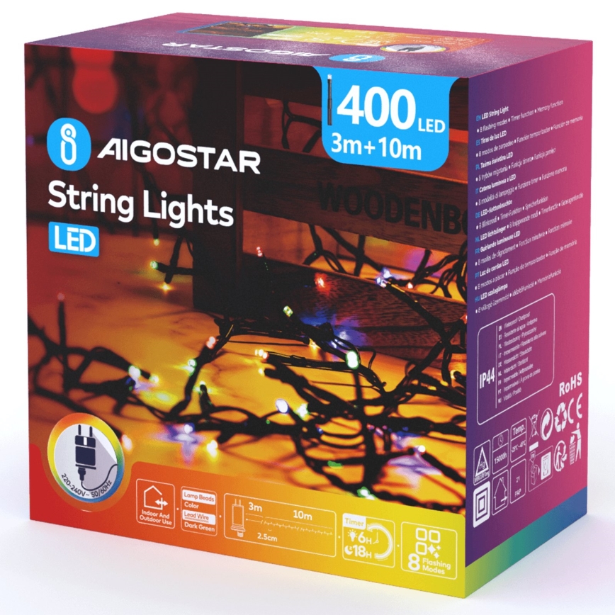 Aigostar - LED-ulkojouluvalosarja, 400 LEDiä, 8 toimintoa, 13 m, IP44, monivärinen