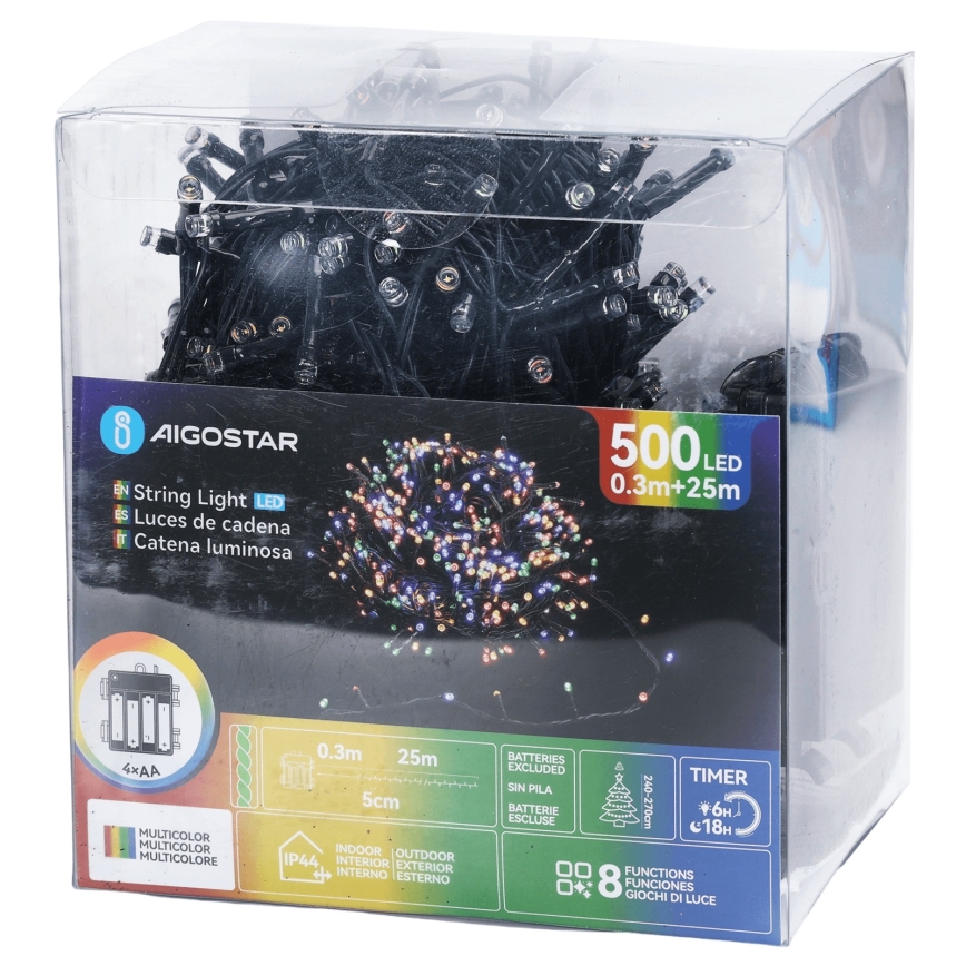 Aigostar - LED-ulkokäyttöinen jouluvalosarja 500xLED/8 toimintoa 4xAA 25,3 m IP44 monivärinen