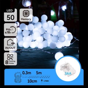 Aigostar - LED-ulkojouluvalosarja 50xLED/3xAA/8 toimintoa 5,3 m IP44 kylmänvalkoinen
