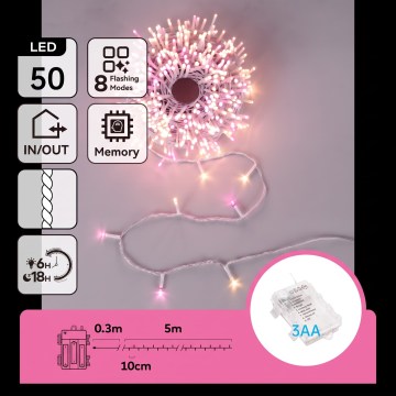 Aigostar - LED ulkojouluvalosarja 50xLED/8 toimintoa 3xAA 5,3m IP44 vaaleanpunainen/lämmin valkoinen