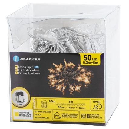 Aigostar - LED-ulkovalosarja 50xLED/8 toimintoa 3xAA 5m IP44 lämmin valkoinen tähdet