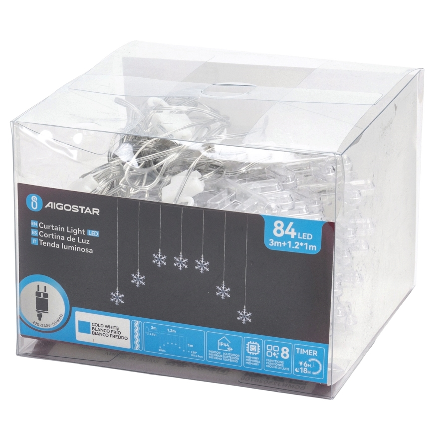 Aigostar - LED-ulkovalosarja 84 LED/8 toimintoa 1,2 x 1 m IP44 kylmänvalkoinen lumihiutaleilla