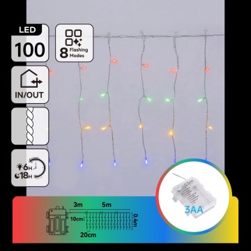 Aigostar-LED Ulkokäyttöinen jouluketju 100xLED/8 toimintoa 3xAA 8x0,4m IP44 monivärinen