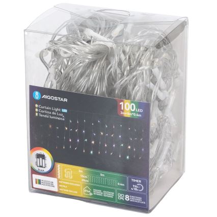 Aigostar-LED Ulkokäyttöinen jouluketju 100xLED/8 toimintoa 3xAA 8x0,4m IP44 monivärinen
