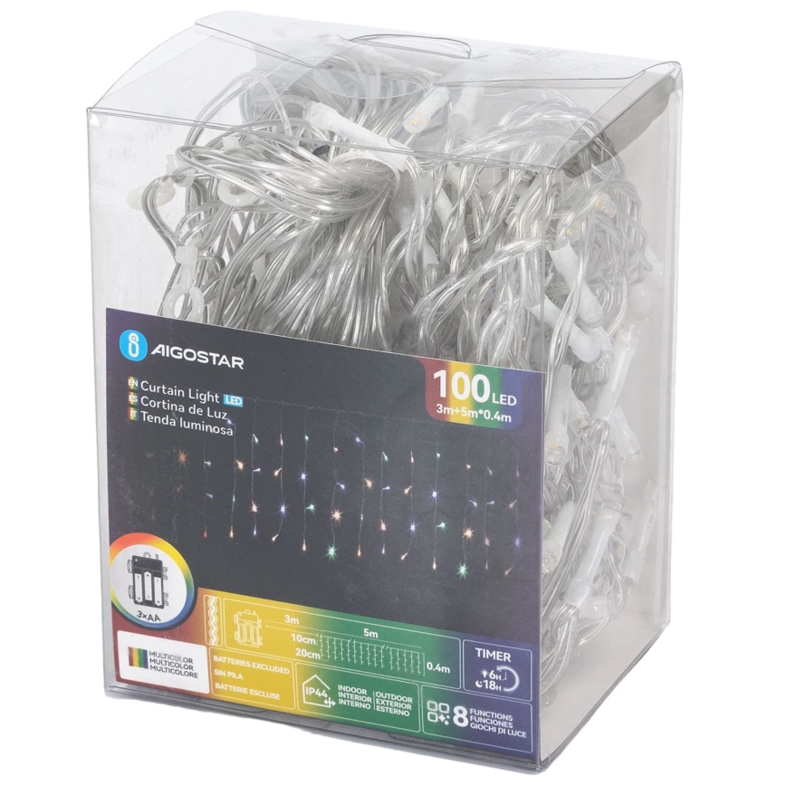 Aigostar-LED Ulkokäyttöinen jouluketju 100xLED/8 toimintoa 3xAA 8x0,4m IP44 monivärinen
