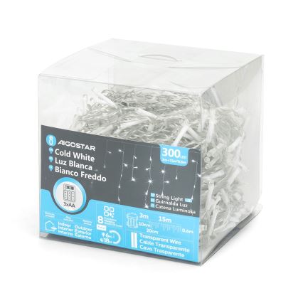 Aigostar - LED-ulkokäyttöinen joulukoristevaloketju 300xLED/8 toimintoa 3xAA 18x0,6 m IP44 kylmänvalkoinen