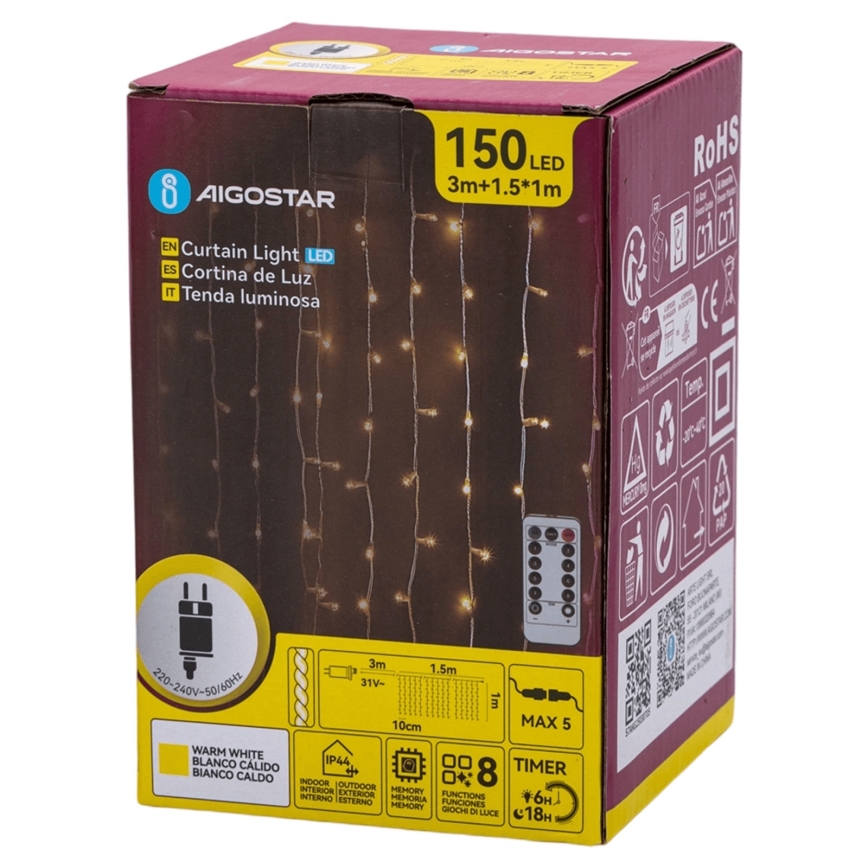 Aigostar - LED-joulukoristevalosarja ulkokäyttöön 150xLED/6W/230V/8 toimintoa 1,5x1m IP44 lämmin valkoinen + kaukosäädin