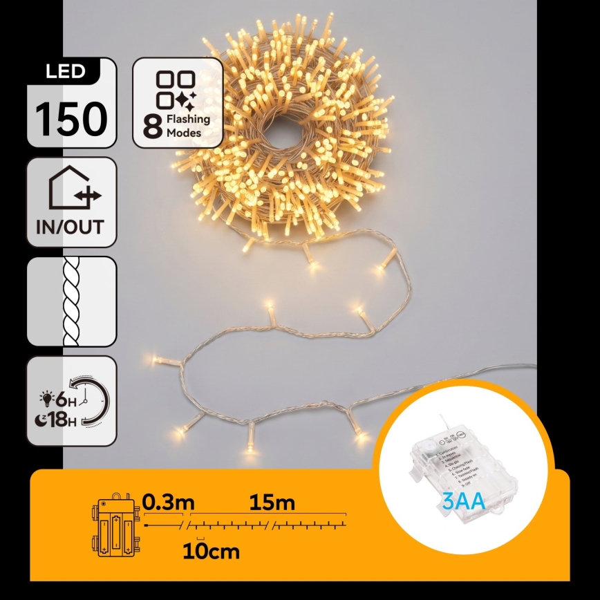 Aigostar - LED ulkokäyttöinen joulukoristevalosarja 150xLED/8 toimintoa 3xAA 15,3m IP44 lämmin valkoinen
