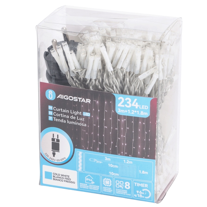 Aigostar - LED-ulkovaloketju 234 LEDiä / 8 toimintoa, 1,2x1,8 m, IP44, kylmänvalkoinen