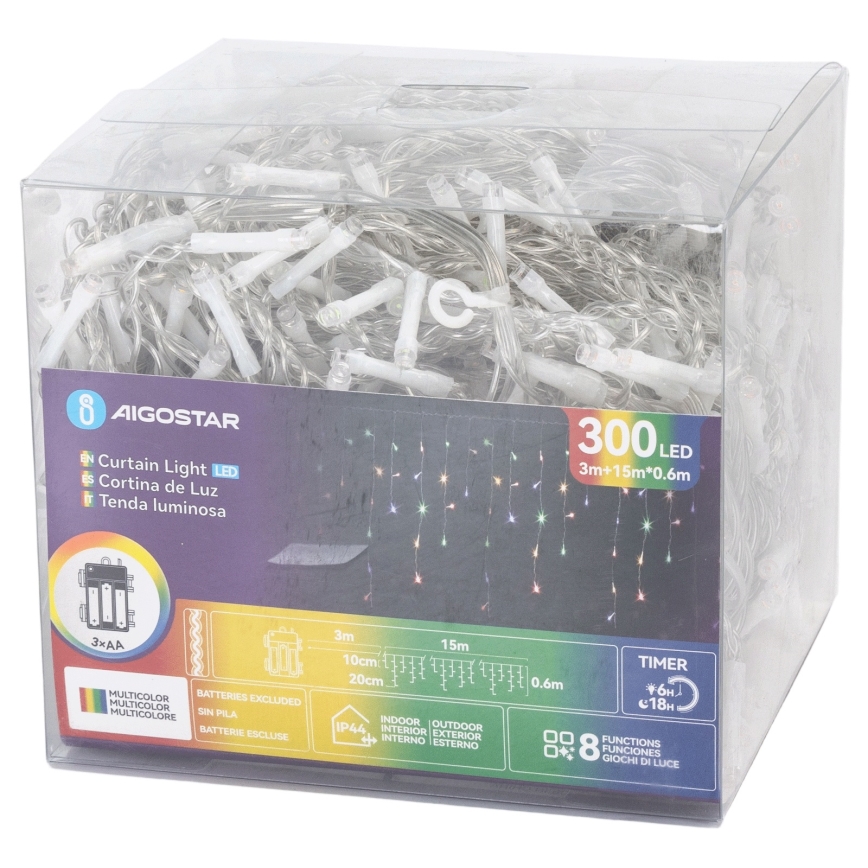 Aigostar - LED-joulukoristevalosarja ulkokäyttöön, 300 LED, 8 toimintoa, 3xAA, 18x0,6 m, IP44, monivärinen