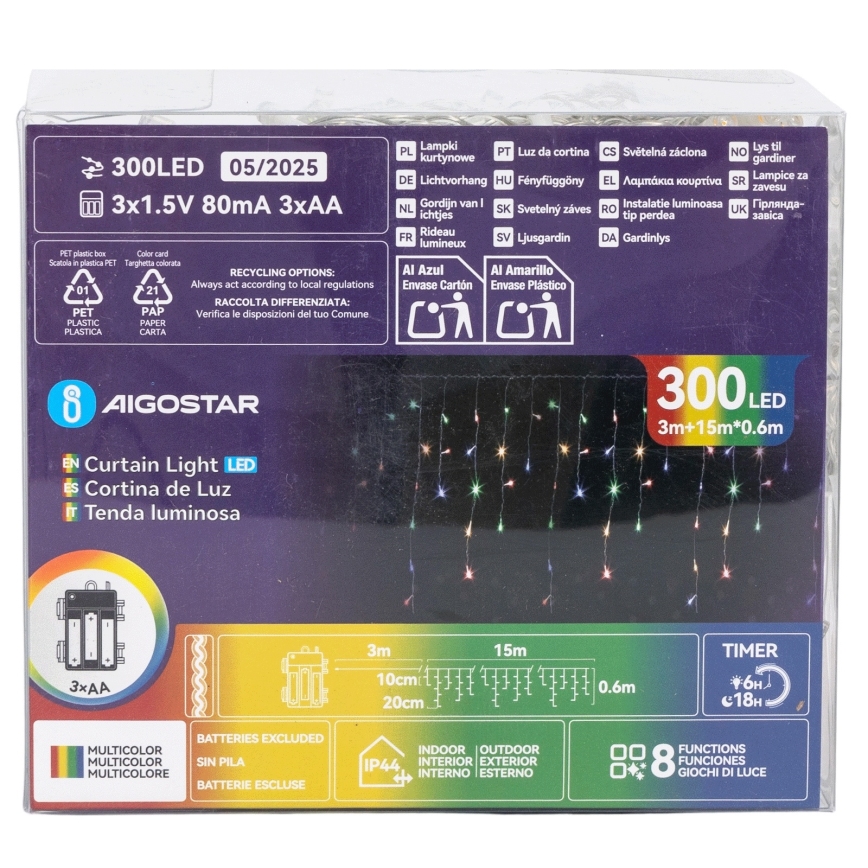 Aigostar - LED-joulukoristevalosarja ulkokäyttöön, 300 LED, 8 toimintoa, 3xAA, 18x0,6 m, IP44, monivärinen