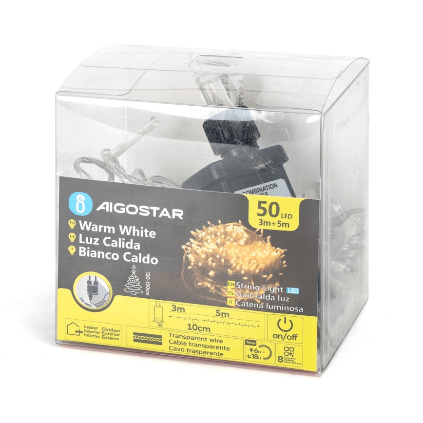Aigostar - LED-ulkokäyttöinen joulukoristevalosarja 50 LED/8 toimintoa 8m IP44 lämmin valkoinen