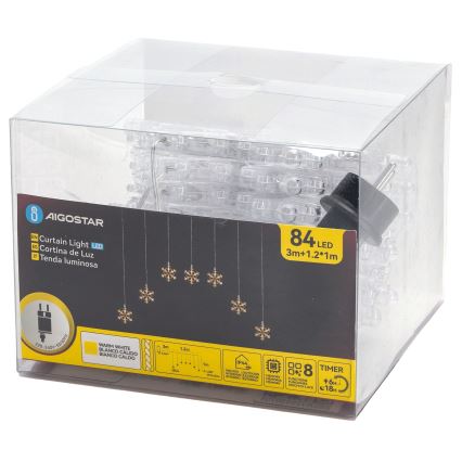 Aigostar - LED-ulkovalosarja 84xLED/8 toimintoa 1,2x1m IP44 lämmin valkoinen, lumihiutaleet