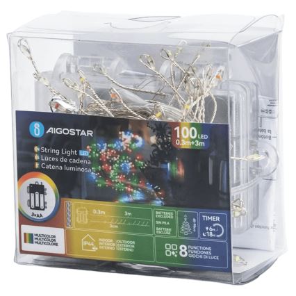 Aigostar - LED ulkokäyttöinen jouluvaloketju 100xLED/8 toimintoa 3xAA 3,3m IP44 monivärinen