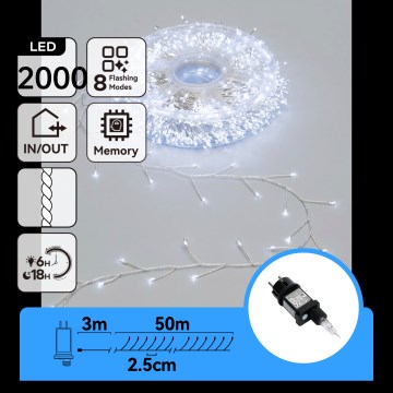 Aigostar - LED ulkokäyttöinen jouluvaloketju 2000xLED/8 toimintoa 53m IP44 kylmänvalkoinen