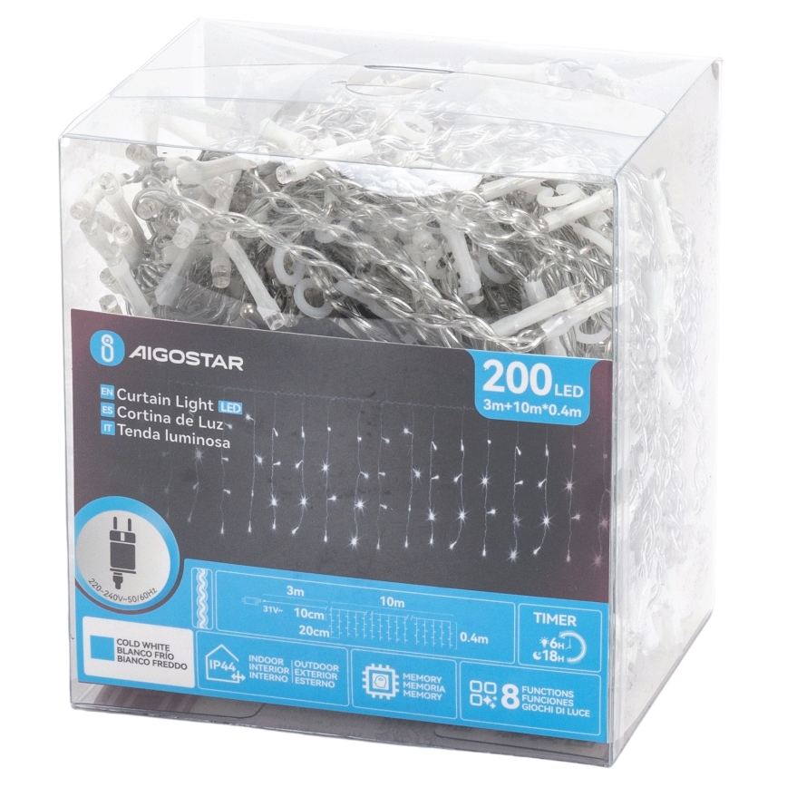 Aigostar - LED-ulkojouluvaloketju 200xLED/3,6W/230V/8 toimintoa 10x0,4m IP44 kylmänvalkoinen