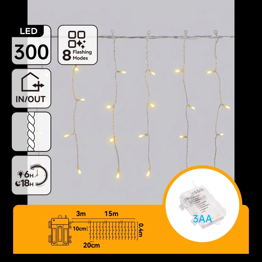 Aigostar - LED-ulkokäyttöinen jouluvaloketju 300xLED/8 toimintoa 18x0,4m IP44 lämmin valkoinen