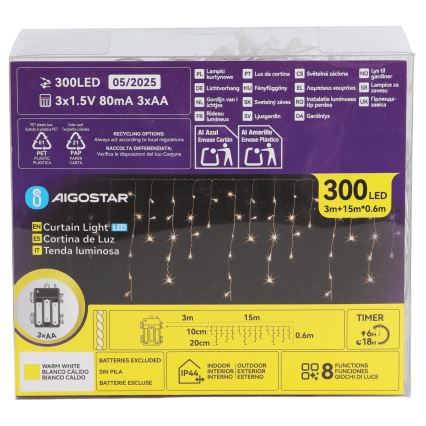 Aigostar - LED-ulkovaloketju 300 LEDiä / 8 toimintoa, 3 x AA-paristoa, 18 x 0,6 m, IP44, lämmin valkoinen