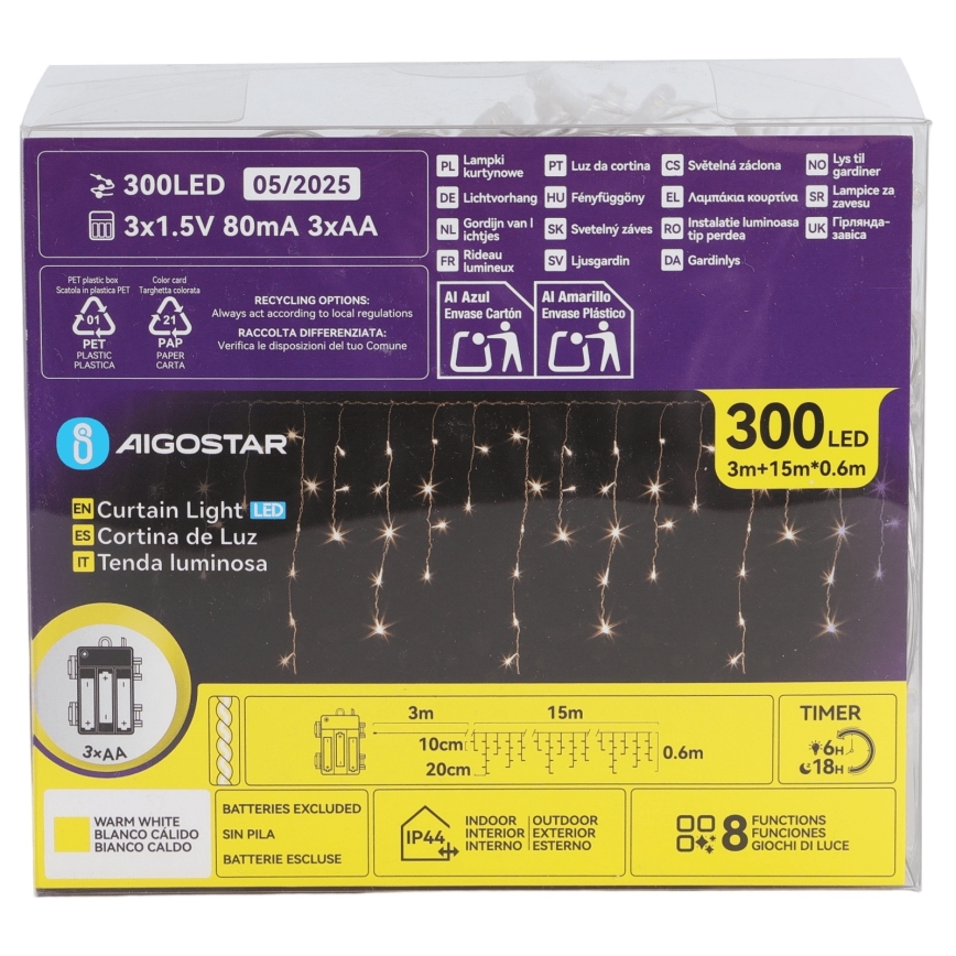 Aigostar - LED-ulkovaloketju 300 LEDiä / 8 toimintoa, 3 x AA-paristoa, 18 x 0,6 m, IP44, lämmin valkoinen