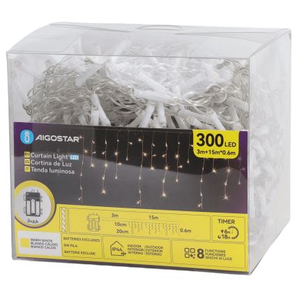 Aigostar - LED-ulkovaloketju 300 LEDiä / 8 toimintoa, 3 x AA-paristoa, 18 x 0,6 m, IP44, lämmin valkoinen