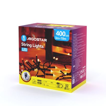 Aigostar - LED ulkokäyttöinen jouluvaloketju 400xLED/8 toimintoa 13m IP44 lämmin valkoinen
