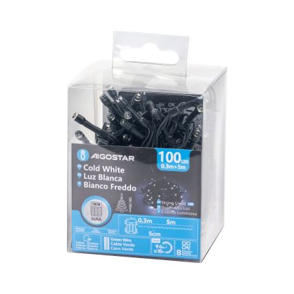 Aigostar - LED-ulkovaloketju 100 LED / 8 toimintoa 3xAA 5,3 m IP44 kylmänvalkoinen