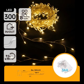 Aigostar - LED-ulkokäyttöinen jouluvalosarja 300 LEDiä/8 toimintoa 3xAA 9,3 m IP44 lämmin valkoinen