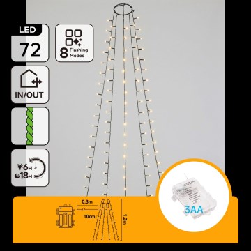 Aigostar - LED Ulkokäyttöinen jouluvalosarja 72xLED/8 toimintoa 3xAA 1,2m IP44 lämmin valkoinen