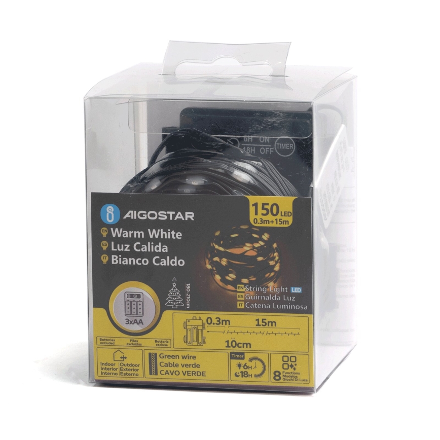 Aigostar -LED Ulkokäyttöinen valosarja 150 LEDiä/8 toimintoa 3xAA 15,3 m IP44 lämmin valkoinen