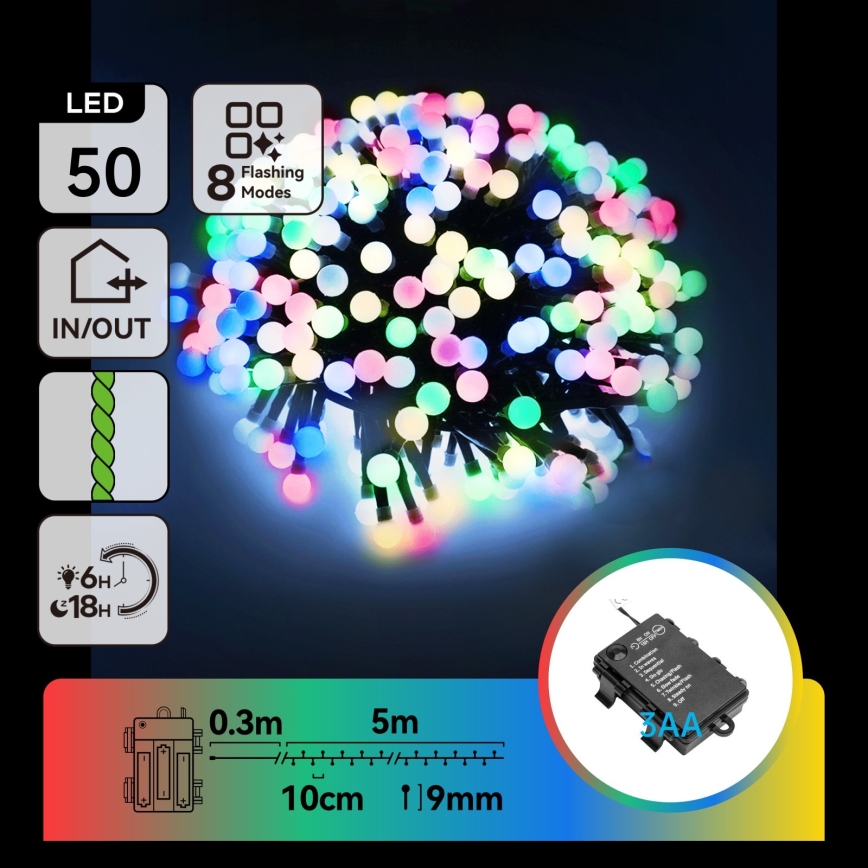 Aigostar - LED Ulkokäyttöön jouluköynnös 50xLED/8 toimintoa 3xAA 5,3m IP44 monivärinen