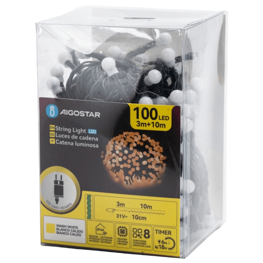 Aigostar - LED ulkovaloketju 100xLED/8 toimintoa 10 m IP44 lämmin valkoinen