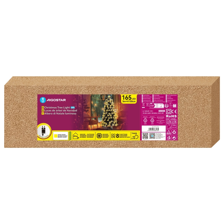 Aigostar - LED-ulkojoulukuusi 165xLED/8 toimintoa 1,5 m IP44 lämmin valkoinen