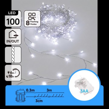 Aigostar - LED ulkokäyttöön sopiva jouluvalosarja 100xLED/8 toimintoa 3xAA 3,3m IP44 kylmänvalkoinen