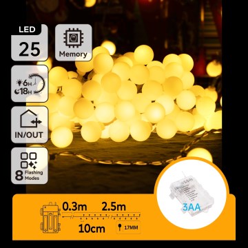 Aigostar-LED Ulkokäyttöön sopiva jouluvalosarja 25xLED/3xAA/8 toimintoa 2,8 m IP44 lämmin valkoinen