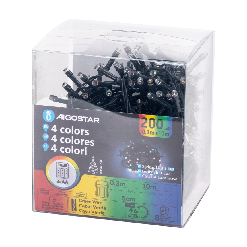 Aigostar -LED ulkokäyttöön soveltuva joulukoristevalosarja 200 LED/8 toimintoa 3xAA 10,3m IP44 monivärinen