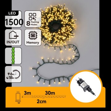 Aigostar - LED ulkokäyttöön tarkoitettu joulukoristevaloketju 1500xLED/8 toimintoa 33m IP44 lämmin valkoinen