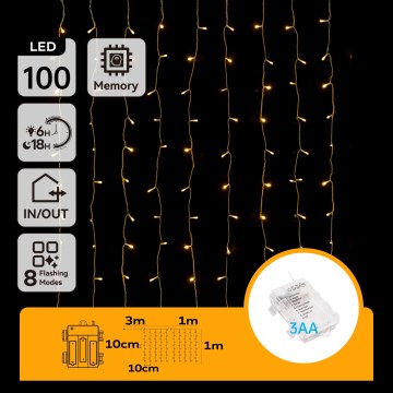Aigostar - LED Ulkokäyttöön tarkoitettu joulukoristevalosarja 100xLED/8 toimintoa 3xAA 4x1m IP44 lämmin valkoinen