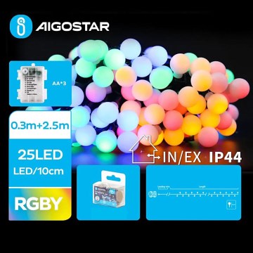 Aigostar - LED-ulkokäyttöön tarkoitettu joulukoristevalosarja 25xLED/3xAA/8 toimintoa 2,8 m IP44 monivärinen