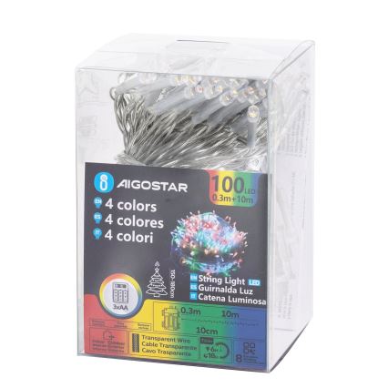 Aigostar - LED-ulkoiset jouluvalot 100xLED/8 toimintoa 3xAA 10,3m IP44 moniväriset