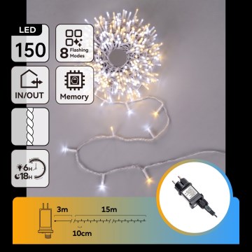 Aigostar - LED ulkokäyttöön tarkoitettu jouluköynnös 150xLED/8 toimintoa 18m IP44 lämmin valkoinen/kylmä valkoinen