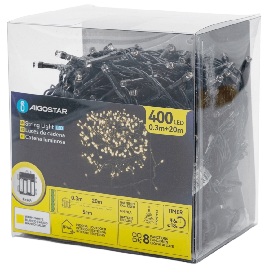 Aigostar - LED-ulkokäyttöinen jouluvalosarja 400 LEDiä/8 toimintoa 4×AA 20,3 m IP44 lämmin valkoinen